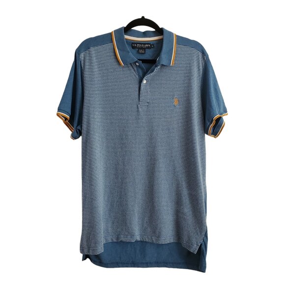 XL U.S. Polo Assn Slim Fit 2 Tone Blue Knit Shirt Short Sleeve Striped Mustard - Picture 1 of 9